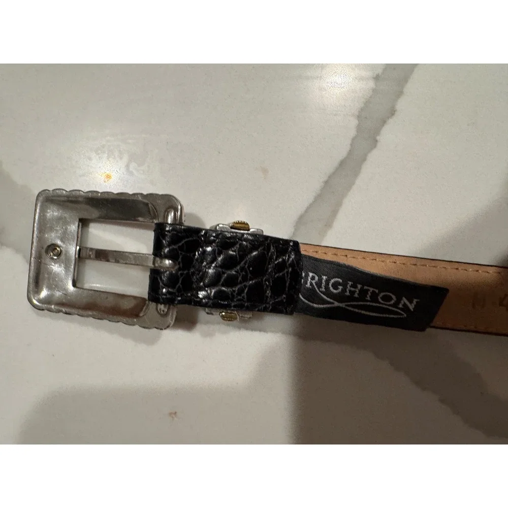 Brighton Black‎ Croc Embossed Leather Belt Silver Gold Two Tone Buckle Womens M